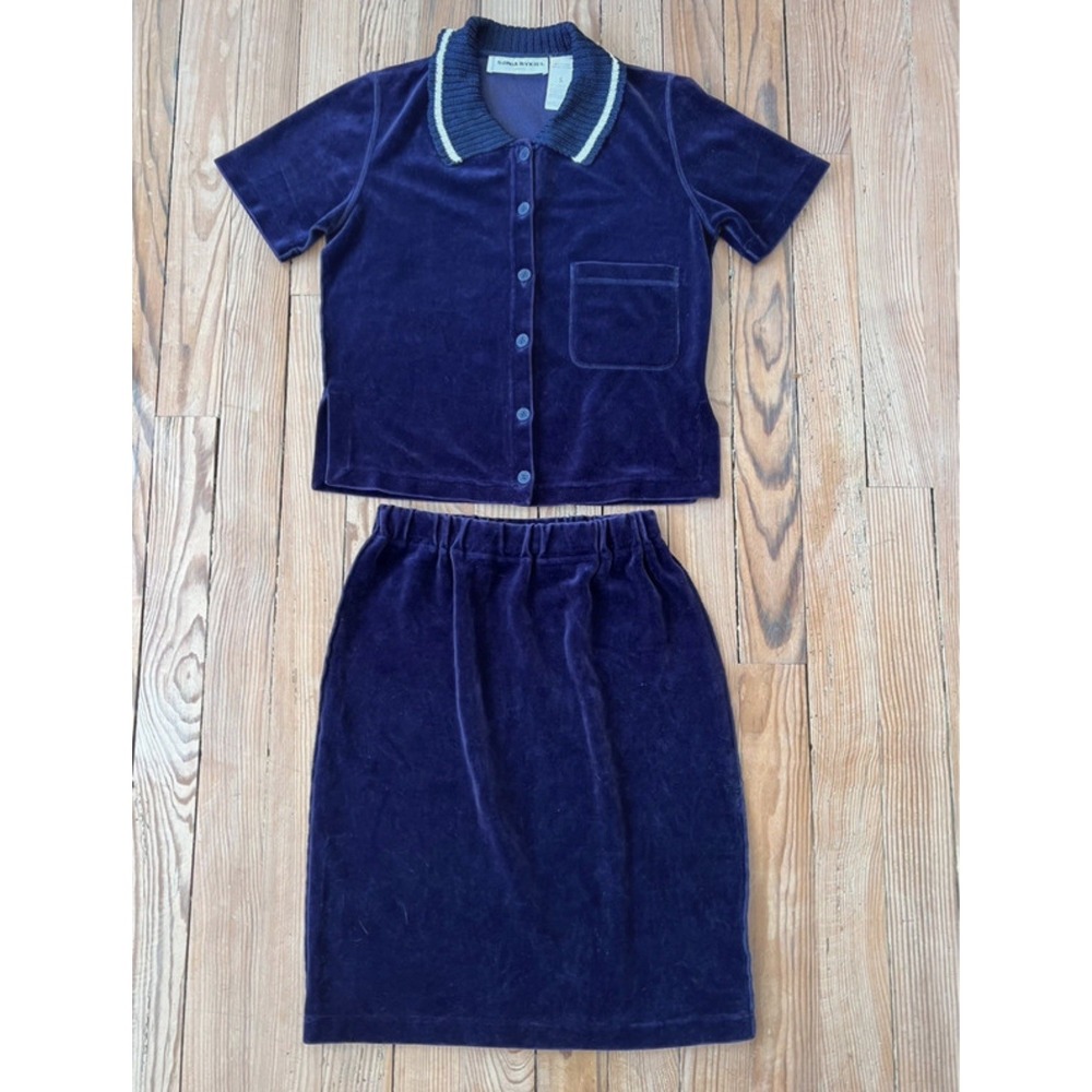 Sonia Rykiel Vintage Velour Skirt Set And Button Front Top Navy Blue S